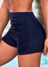 High Waisted Navy Blue Ruched Swim Shorts