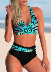 Cyan swimwear,Animal Print swimwear,ROTITA Criss Cross Back Animal Pattern Bikini Set 