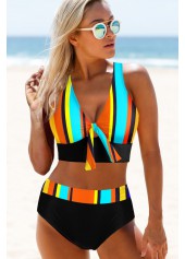 Multi Color swimwear,Rainbow Color swimwear,Striped swimwear,ROTITA Criss Cross Back Rainbow Stripe Bikini Set 