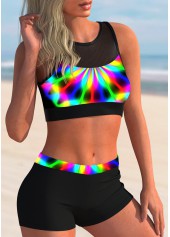 Multi Color swimwear,Dazzle Colorful swimwear,ROTITA Mesh Stitching Rainbow Color Printed Bikini Set