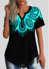 ROTITA Split Neck Asymmetric Hem Tribal Print Blouse
