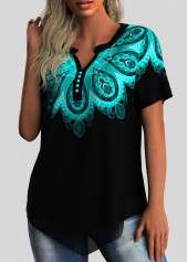 Cyan tops,Tribal tops,ROTITA Split Neck Asymmetric Hem Tribal Print Blouse