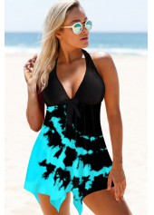 Cyan swimwear,Tie Dye swimwear,ROTITA Halter Tie Dye Print Asymmetric Hem Swimdress and Panty