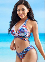 Multi Color swimwear,Floral swimwear,Tie Back Cross Front Halter Bikini Set 