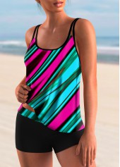 Multi Color swimwear,Striped swimwear,ROTITA Spaghetti Strap Colorful Striped Tankini Set