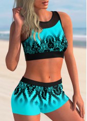 Cyan swimwear,Tribal swimwear,ROTITA Mesh Stitching Tribal Print Bikini Set