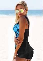 Blue swimwear,Plants swimwear,Drawstring Side Wide Strap Printed Tankini Set