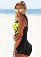 Yellow swimwear,Plants swimwear,Drawstring Side Wide Strap Printed Tankini Set