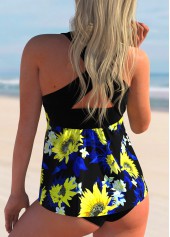 Yellow swimwear,Plants swimwear,ROTITA Floral Print Cross Strap Bowknot Tankini Set