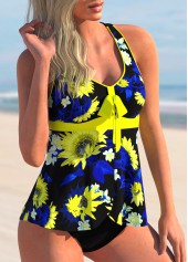 Yellow swimwear,Plants swimwear,ROTITA Floral Print Cross Strap Bowknot Tankini Set