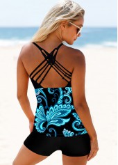 Blue swimwear,Paisley swimwear,ROTITA Cross Strap Paisley Print Tankini Set