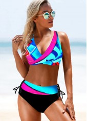Floral swimwear,ROTITA Lace Up High Waisted Contrast Bikini Set