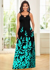 ROTITA Double Straps Leaf Print Maxi Dress 