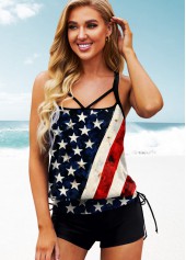 Multi Color swimwear,Flag swimwear,ROTITA American Flag Print Blouson Tankini Set