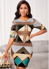 Round Neck Geometric Print Half Sleeve Dress