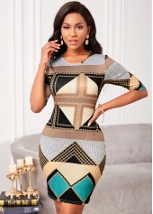 Multi Color dresses,Geometric dresses,Round Neck Geometric Print Half Sleeve Dress