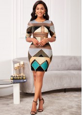 Multi Color dresses,Geometric dresses,Round Neck Geometric Print Half Sleeve Dress