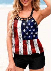 ROTITA Cross Strap American Flag Print Tankini Set