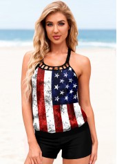 Multi Color swimwear,Flag swimwear,ROTITA Cross Strap American Flag Print Tankini Set