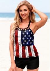 Multi Color swimwear,Flag swimwear,ROTITA Cross Strap American Flag Print Tankini Set