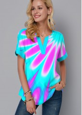Multi Color tops,Dazzle Colorful tops,ROTITA Split Neck Short Sleeve Multicolor Printed Blouse