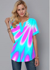 Multi Color tops,Dazzle Colorful tops,ROTITA Split Neck Short Sleeve Multicolor Printed Blouse