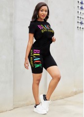 Black jumpsuits & rompers,Letter jumpsuits & rompers,Round Neck Letter Print Short Sleeve Sweatsuit Set