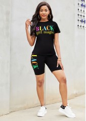 Black jumpsuits & rompers,Letter jumpsuits & rompers,Round Neck Letter Print Short Sleeve Sweatsuit Set