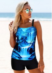 Blue swimwear,Graphic swimwear,ROTITA Scape Print Spaghetti Strap Tankini Set