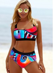Multi Color swimwear,Floral swimwear,ROTITA Cross Strap High Waisted Printed Bikini Set