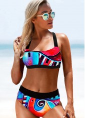 Multi Color swimwear,Floral swimwear,ROTITA Cross Strap High Waisted Printed Bikini Set