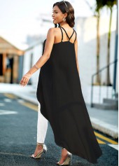 Black tops,Plain Color tops,ROTITA Spaghetti Strap Asymmetric Hem Black Camisole Top