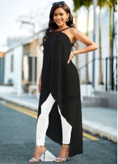 Black tops,Plain Color tops,ROTITA Spaghetti Strap Asymmetric Hem Black Camisole Top