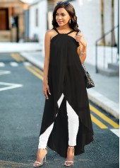 Black tops,Plain Color tops,ROTITA Spaghetti Strap Asymmetric Hem Black Camisole Top