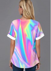 Multi Color tops,Dazzle Colorful tops,ROTITA Split Neck Colorful Short Sleeve Blouse