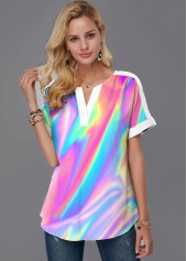 Multi Color tops,Dazzle Colorful tops,ROTITA Split Neck Colorful Short Sleeve Blouse