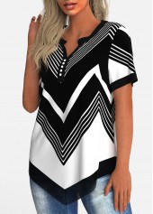 Multi Color tops,Geometric tops,ROTITA Geometric Print Multi Color Split Neck Short Sleeve Blouse