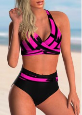 Hot Pink swimwear,Geometric swimwear,ROTITA High Waist Cross Front Geometric Print Bikini Set 
