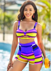 ROTITA Plus Size Colorful Geometric Print High Waisted Bikini Set