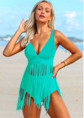 Cyan swimwear,Plain Color swimwear,ROTITA Spaghetti Strap Tassel Solid Swimdress and Panty