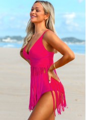 Hot Pink swimwear,Plain Color swimwear,ROTITA Solid Tassel Spaghetti Strap Swimdress and Panty