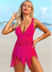 Hot Pink swimwear,Plain Color swimwear,ROTITA Solid Tassel Spaghetti Strap Swimdress and Panty