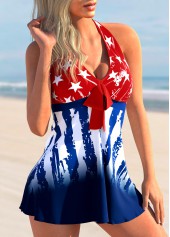 Navy swimwear,Flag swimwear,ROTITA Bowknot American Flag Print Tankini Set