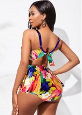 Multi Color swimwear,Floral swimwear,ROTITA Floral Print High Waisted Spaghetti Strap Bikini Set