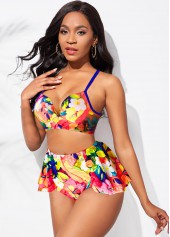 Multi Color swimwear,Floral swimwear,ROTITA Floral Print High Waisted Spaghetti Strap Bikini Set