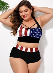 Multi Color plus size,Flag plus size,ROTITA American Flag Print Plus Size Cross Strap Bikini Set 
