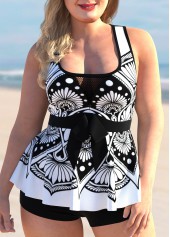 ROTITA Tribal Print Plus Size Mesh Stitching Tankini Set