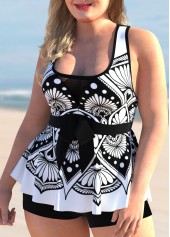 Black plus size,Tribal plus size,ROTITA Tribal Print Plus Size Mesh Stitching Tankini Set