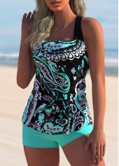 Cyan plus size,Paisley plus size,ROTITA Paisley Print Plus Size Cross Strap Tankini Set 