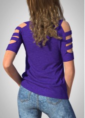 Purple tops,Plain Color tops,ROTITA V Neck SLadder Cutout Sleeve Solid T Shirt